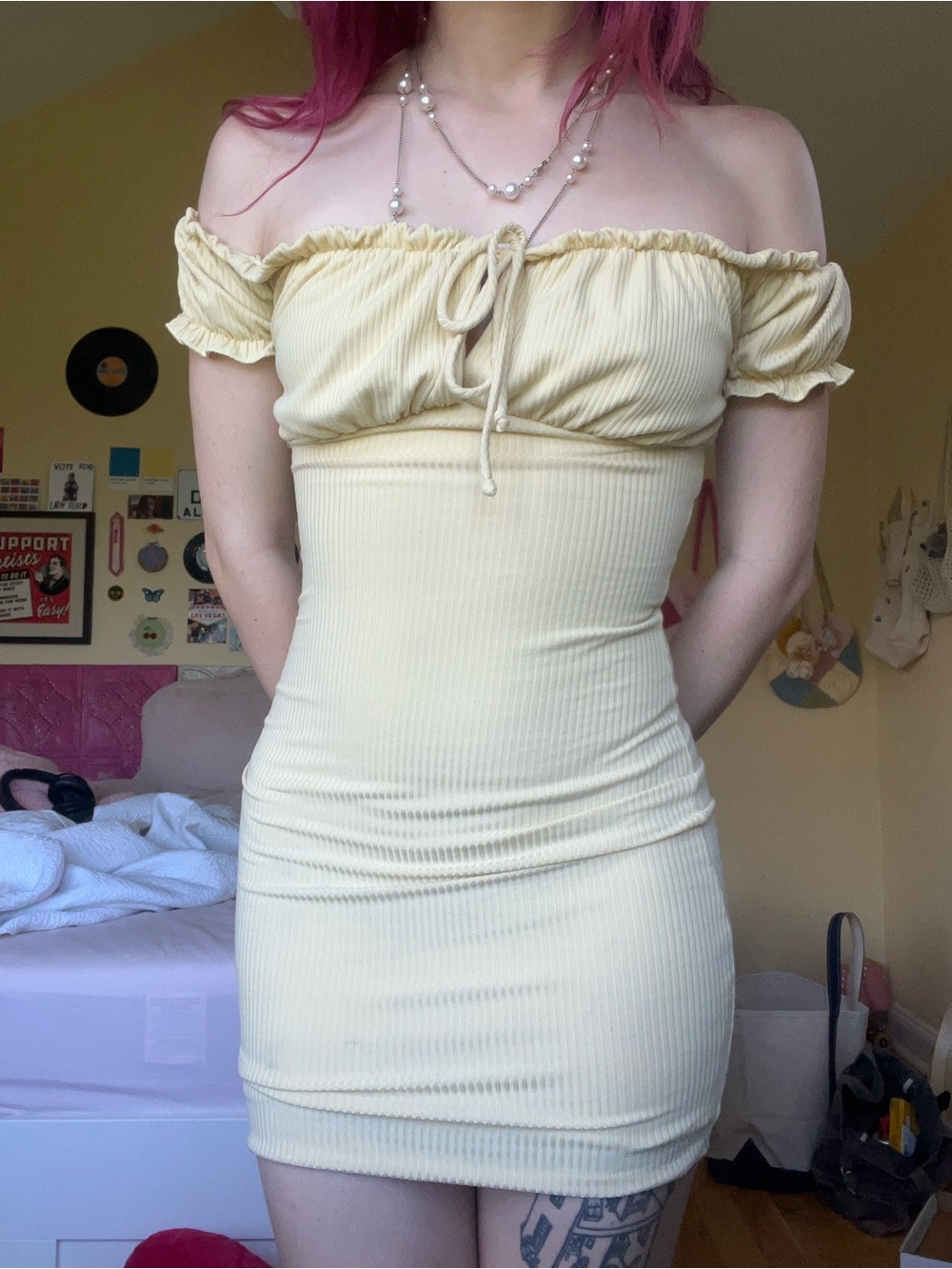 Off-Shoulder Ribbed Mini Dress in Pale Yellow